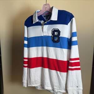 VTG Tommy Hilfiger Red White Blue Striped Long Sleeve Rugby Shirt